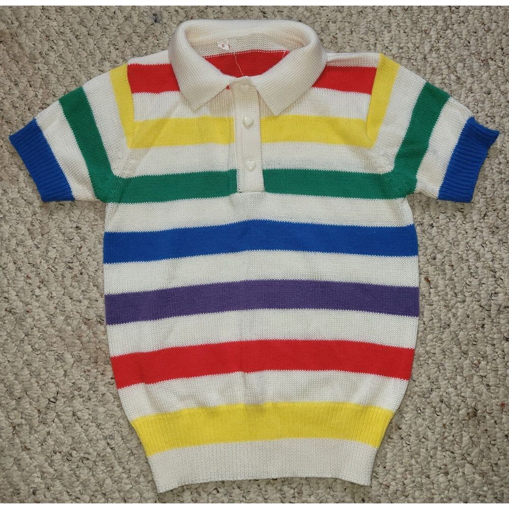 Vintage 60s Rainbow Short Sleeve Sweater Retro Knit‎ White Collared Heart XS/S